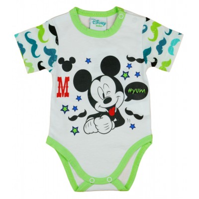 Rövid ujjú baba body bajszos Mickey egér mintával zöld